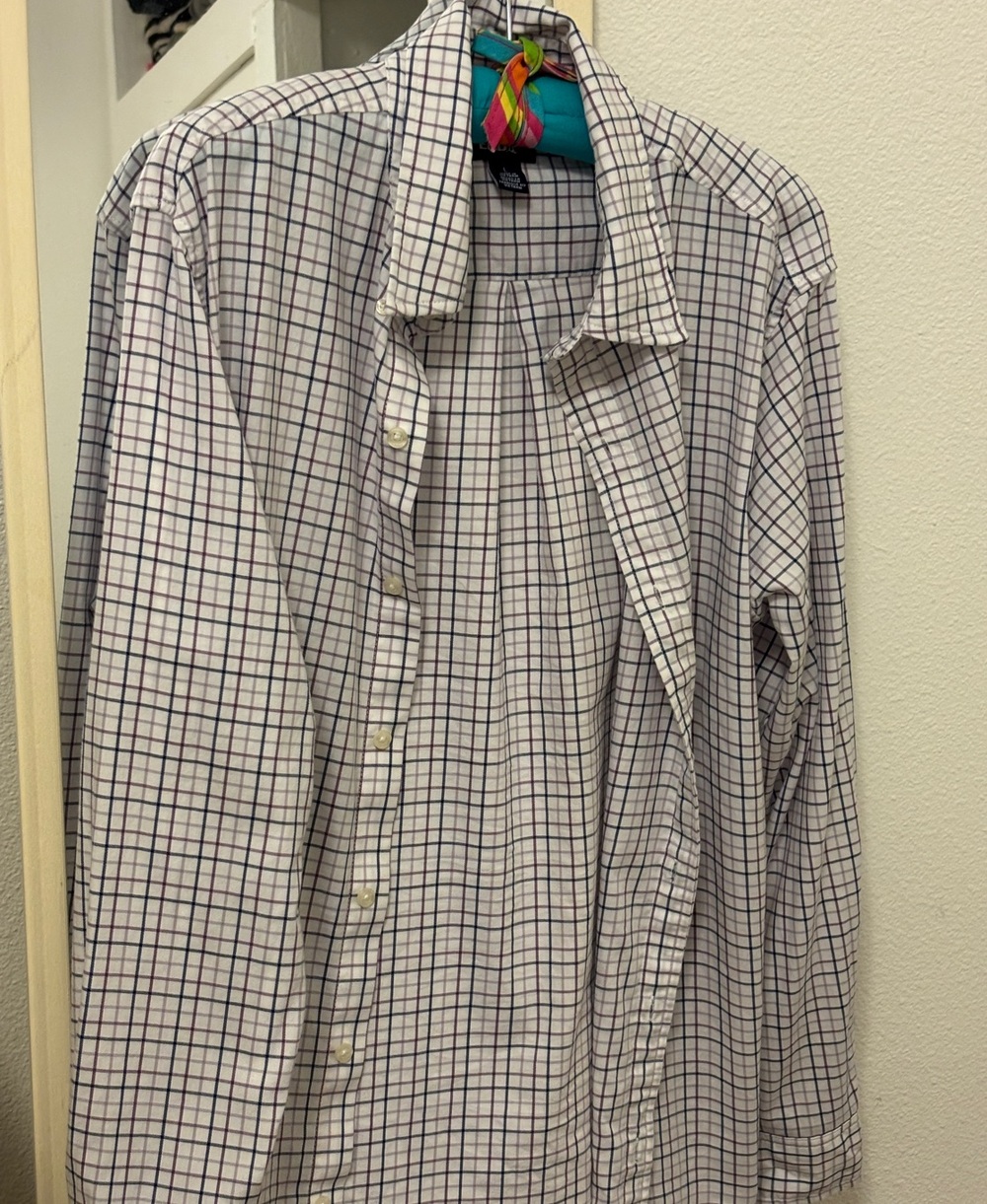 Lands' End Men's White and Navy Windowpane Button-Down Shirt